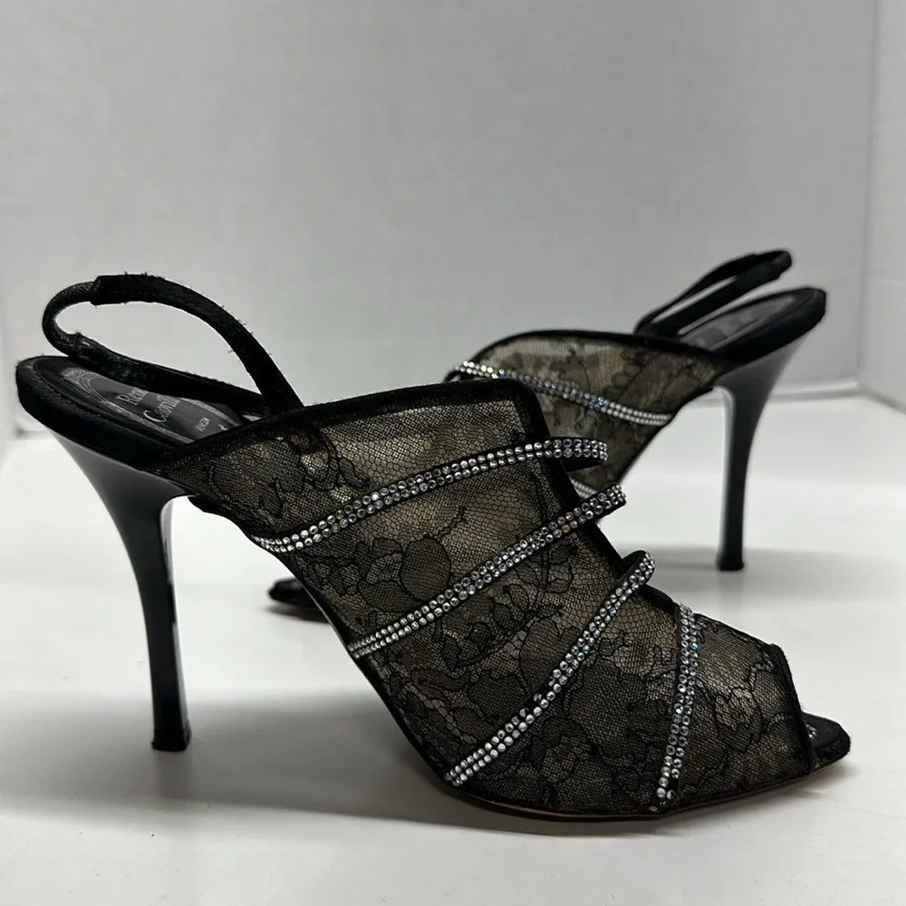 Rene Caovilla High Heels Shoes Peep Toe Slingback Sheer Lace Rhinestone Size 6.5